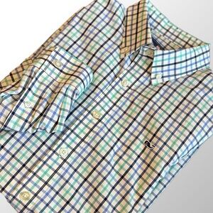 Vineyard Vines Shirt Boys XL (18) Blue and Green Checked Whale Shirt Long Sleeve